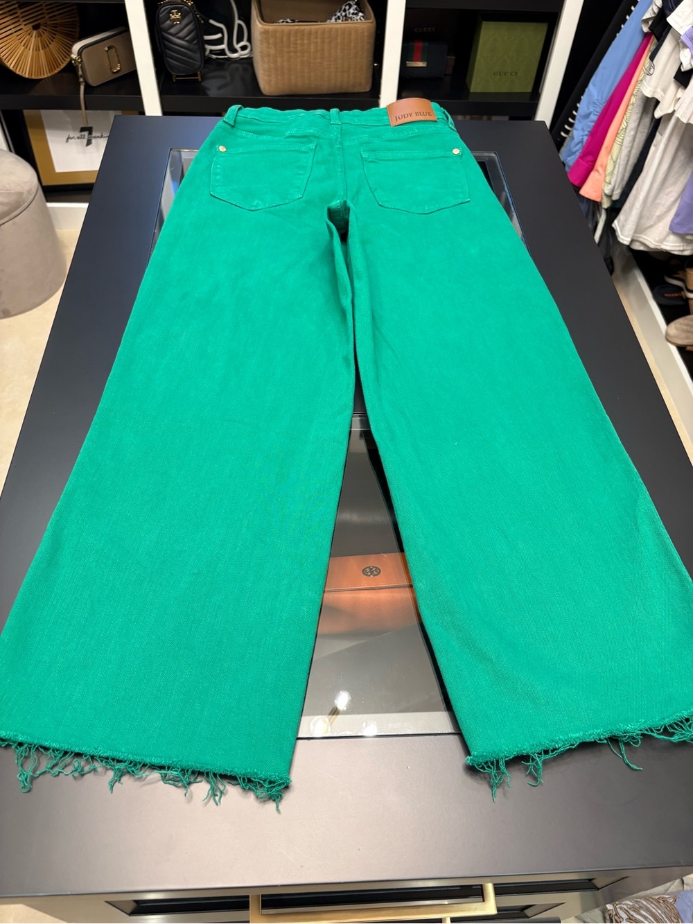 Judy Blue High Rise Garment Dyed Cropped Flare Jeans in Kelly Green - Picture 5 of 14